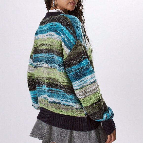 Multicolor Casual Women's Contrast Binding striped Marble Knit Cardigan - Picture 3 of 5